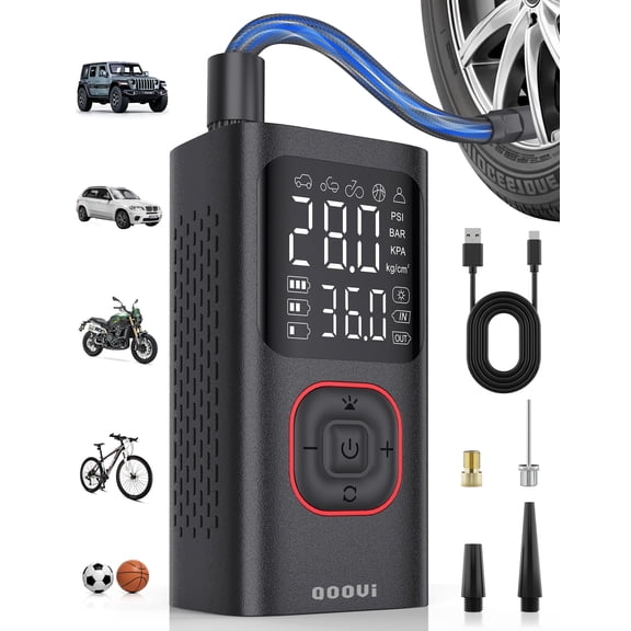 Qoovi Tire Inflator Portable Air Compressor,Cordless Air Pump with 150 PSI Digital Tire Pressure Gauge, Emergency LED Light,Automatic Shutoff,for Car/Motorcycle/E-Bike/Ball
