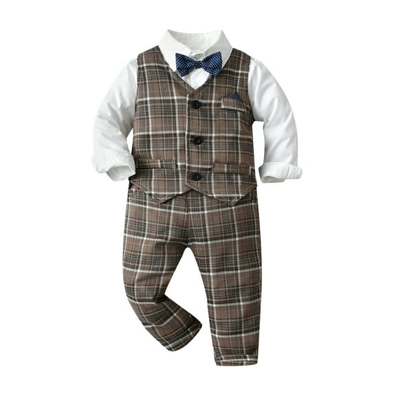 Qopobobo Baby Boy Dress Shirt Baby Boys Formal Suit Vest Toddler Boy Suit Formal Wedding Outfits Gentleman Clothes Long Sleeve Shirt + Suspender Pants + Bowtie Brown,3-4 Years