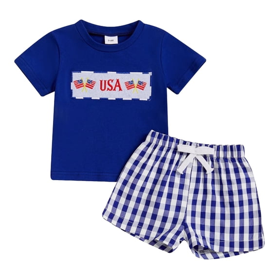 Qopobobo Baby Boy Short Sets 4th of July Baby Boys Independence Day Clothes Print Short Sleeve Round T-Shirts and Contrast Color Shorts 2Pcs Set 0-3T My First Independence 's Day Blue,2-3 Years