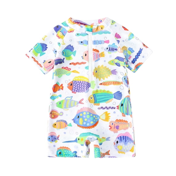 Qopobobo Baby Boy Swimsuit Baby Boy Swimsuit One Piece Long Sleeve Zipper Bathing Suit Sun Protection Rashguard Swimwear White,12-18 Months