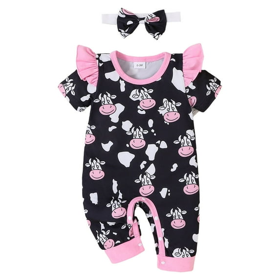 Qopobobo Baby Girl Clothes Newborn Preemie Clothes Girl Toddler Girl Birthday Outfit Cake Balloon Jumpsuit Overalls Flare Pants Little Girls Romper Bell Bottoms Clothes Black,0-3 Months