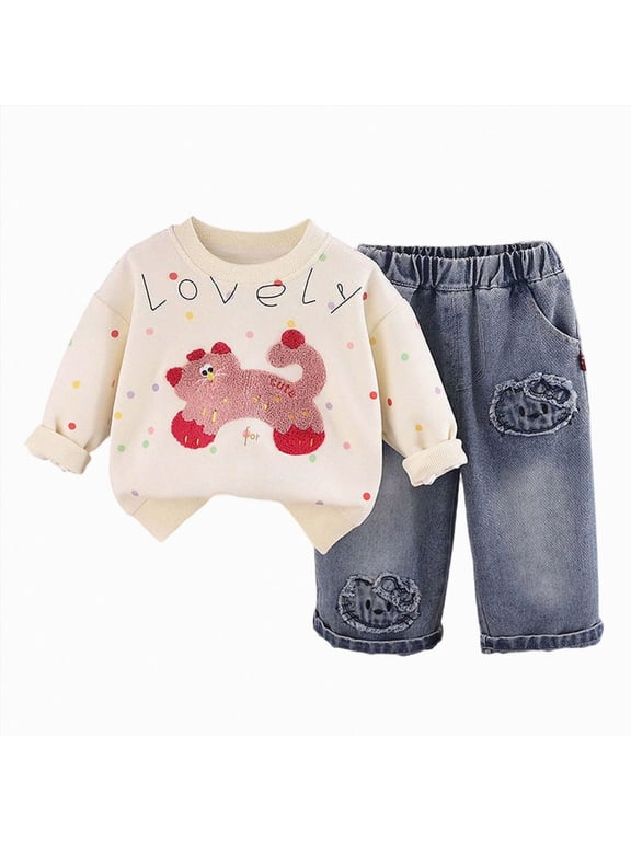 Baby Girl Outfit Toddler Girl Clothes Kids Bell Bottom Outfits Long Sleeve Sweatshirt & Pants Winter Clothing for Kids 2T 3T(Beige, 2-3 Years)