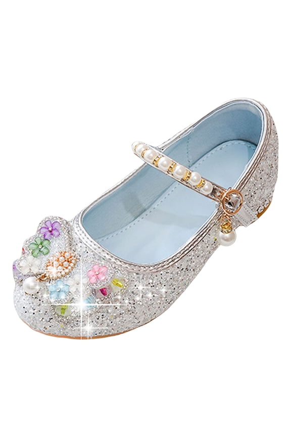 Baby Girl Shoes Shoes For Girls Girls Dress Shoes Platform Chunky Heel Ankle Strap Princess Flats Flower Party Wedding Pump for Little Big Kid Silver,13