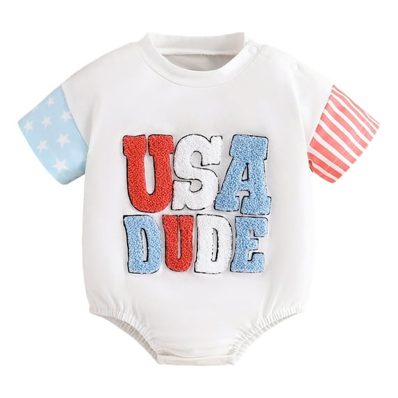 Qopobobo Boy Smocked Outfit Baby Girls 4th of July Romper Jumpsuit with Bowknot Bodysuit USA Flag Independence Day Clothes Set White,6M