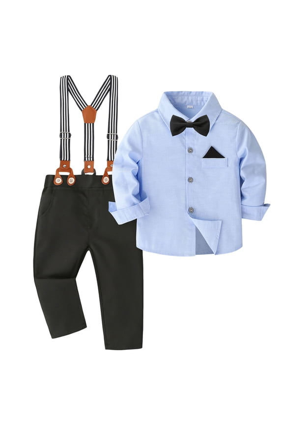 Boy Suit Set Toddler Boy Suit Toddler Boy Clothes Suit Gentleman Wedding Outfits Kids Formal Dress Shirt Bowtie Long Suspender Pants Overalls Light Blue,12-18 Months