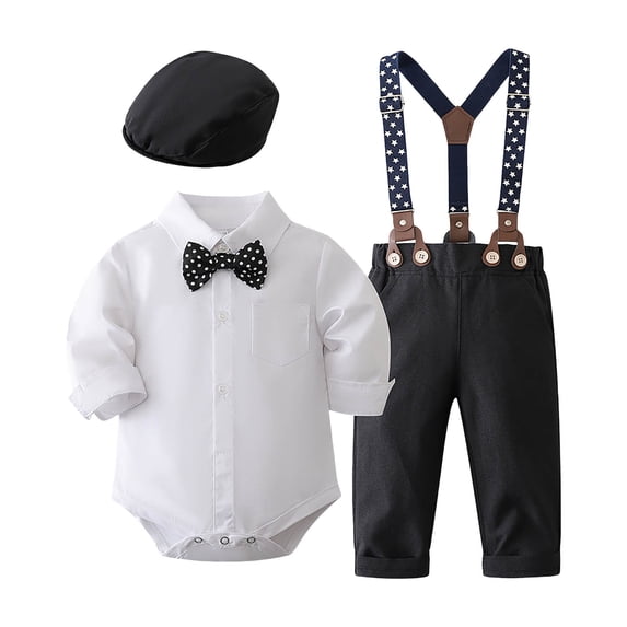 Qopobobo Boy Suit Set Toddler Boy Suits Baby Gentleman Wedding Outfit Formal Dress Shirt Vest Bowtie Pants 4Pcs Boys Suit Clothes Set Black,12-18 Months