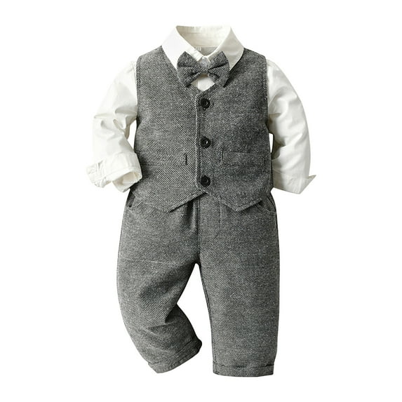Qopobobo Boy Suit Set Toddler Wedding Outfit Boy Boys Suit Cotton Linen Formal Set Baby Boy Dress Clothes Gentleman Wedding Ring Bearer Outfits Grey,100