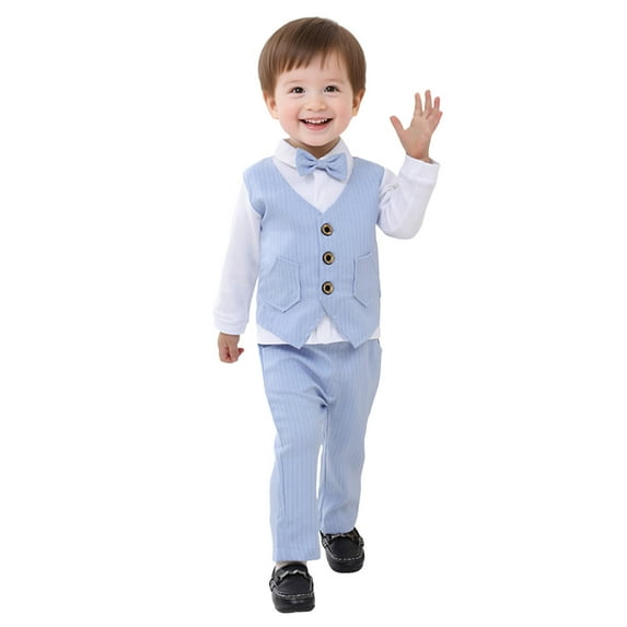 Qopobobo Boy Suits For Weddings Baby Boy Dress Shirt Baby Boys Formal Suit Set Short Sleeve with Bowtie Suspender Shorts Pants Outfits Toddler Clothes Light Blue,1-2 Years