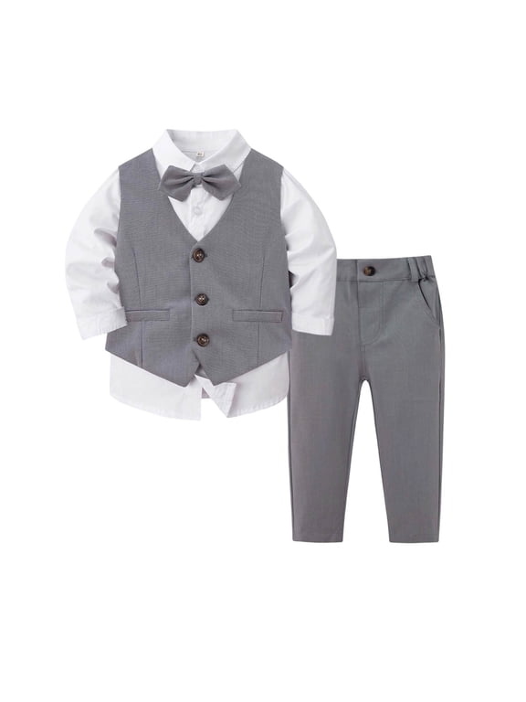 Boy Suits For Weddings Toddler Boys Gentleman Outfit Baby Boy Suit Toddler Formal Outfit Kids Vest Gentleman Clothes Long Sleeve Shirt and Pants Set Grey,1-2 Years