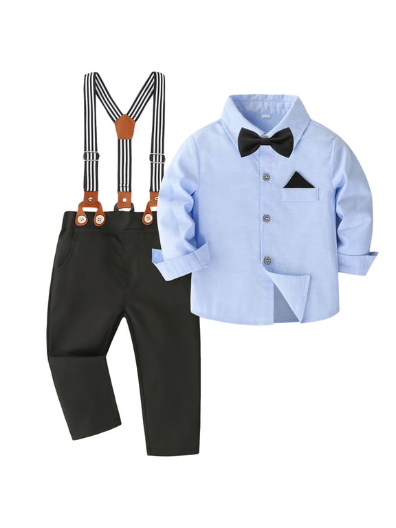 Boy Suits For Weddings Toddler Suits Baby Boy Clothes Wedding Outfit Infant Tuxedo Gentleman Suits Dress Shirt+ Beret Hat +Suspender Pants +Bowtie Light Blue,2-3 Years