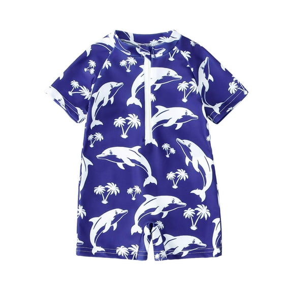 Qopobobo Boy Swimming Suit Baby Boy Rash Guard Swimsuit Whale One Piece Zipper Swimwear Infant Bathing Suit Beachwear with Sun Hat Navy,12-18 Months