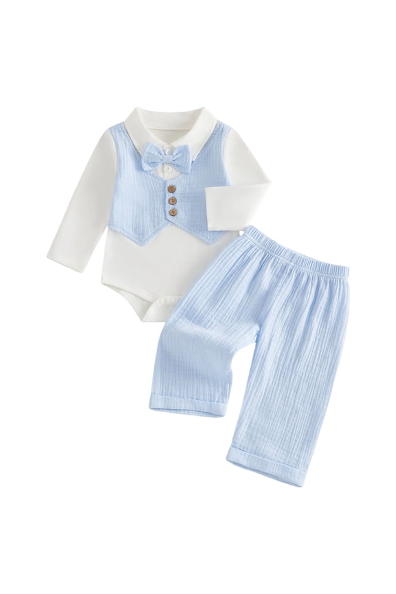 Boys Suits Boys Formal Outfit Toddler Baby Boy Suit Clothes Gentleman Wedding Outfits Long Sleeve Dress Shirt + Suspender Pants + Bowtie Blue,6-9 Months