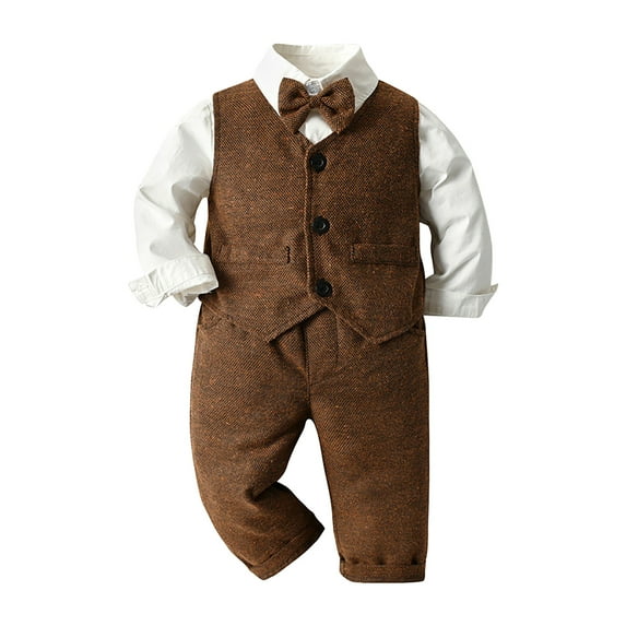 Qopobobo Boys Suits Toddler Boy Suit Baby Boy Clothes Wedding Outfit Infant Tuxedo Gentleman Suits Dress Shirt+ Beret Hat +Suspender Pants +Bowtie Brown,100