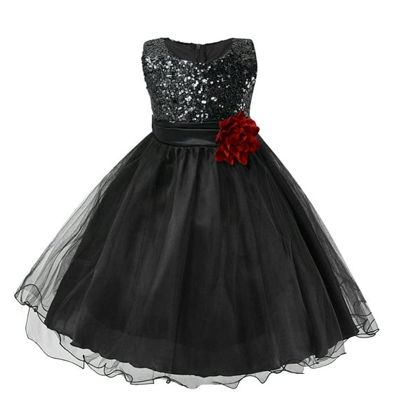 Qopobobo Dress For Girls Teen Dresses Girls Birthday Party Dress Ruffle Sleeve Dots Floral Tulle Princess Wedding Pageant Formal Bance Gown Black,5-6 Years
