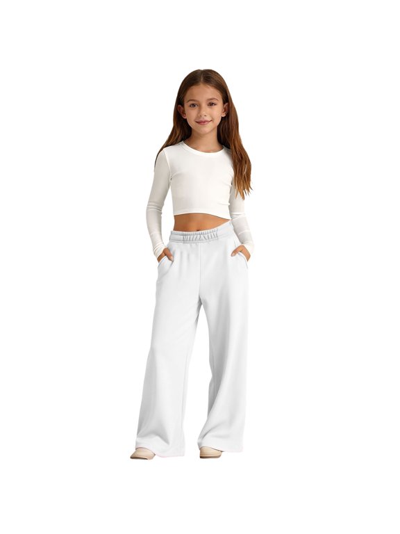 Girl Casual Pants Girls Flare Jeans Toddler Girls' Pull-On Fleece Pants Winter Warm Joggers Active Sweatpants White,11-12 Years