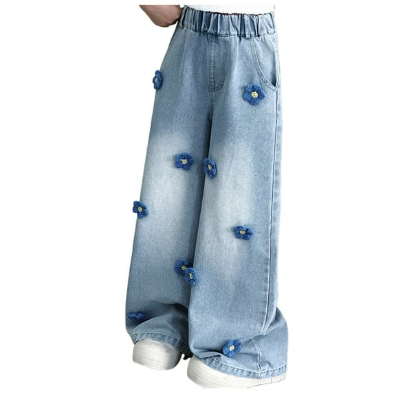 Qopobobo Girl Jean Pants Girl’s Waist Jeans Straight Leg Demin Pants Casual Stretch Long Pants with Pockets Blue,14-15 Years
