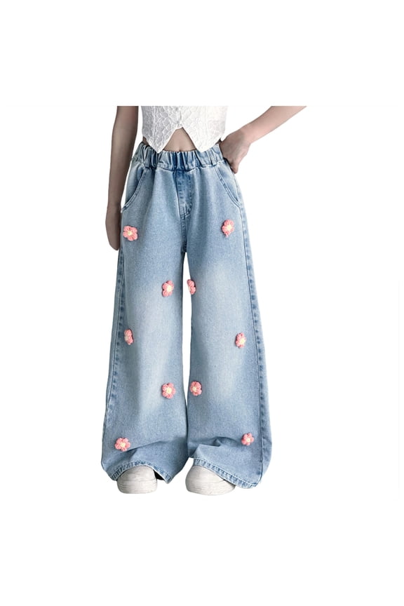 Girl Jean Pants Girls Wide Leg/Flare Jeans Bow Embroidery/Leopard Print Denim Pants with Pockets Casual for Kids Pink,12-13 Years