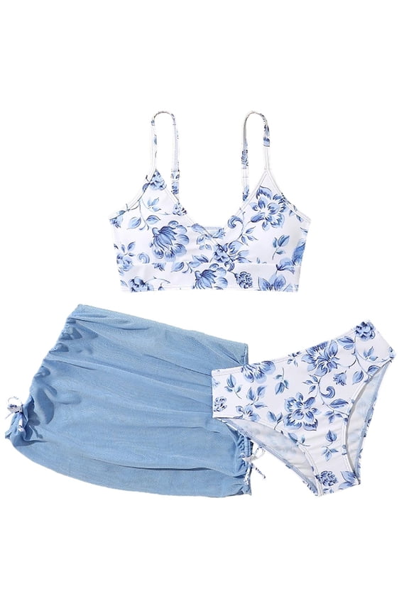 Girl's 3 Piece Bow Print Swimsuit Girls' 3 Piece Set Floral Print Bikini Swimsuit with Drawstring Beach Skirt Cute Ruched Bathing Suit Size for 9-10 Years,Light Blue