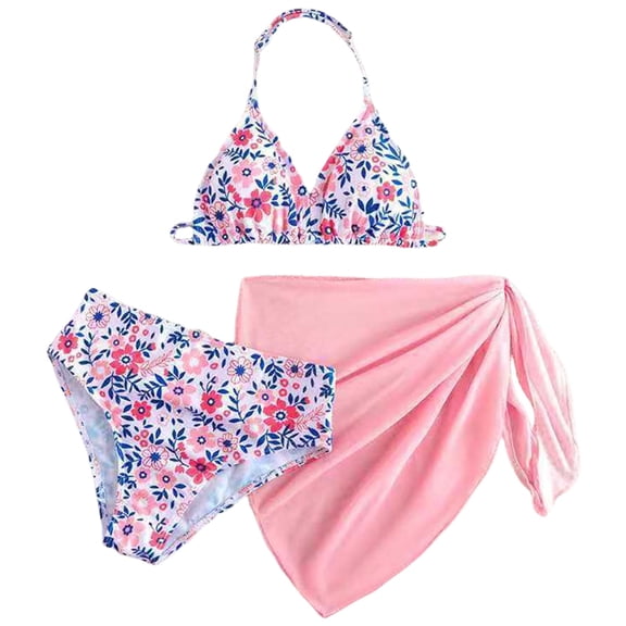 Qopobobo Girl's 3 Piece Floral Swimsuit Cute Girls Clothing Summer Swimsuit Fruit Print Sun Protection Long Sleeve   Bikini Set 3 Piece Size for 12-13 Years,Pink