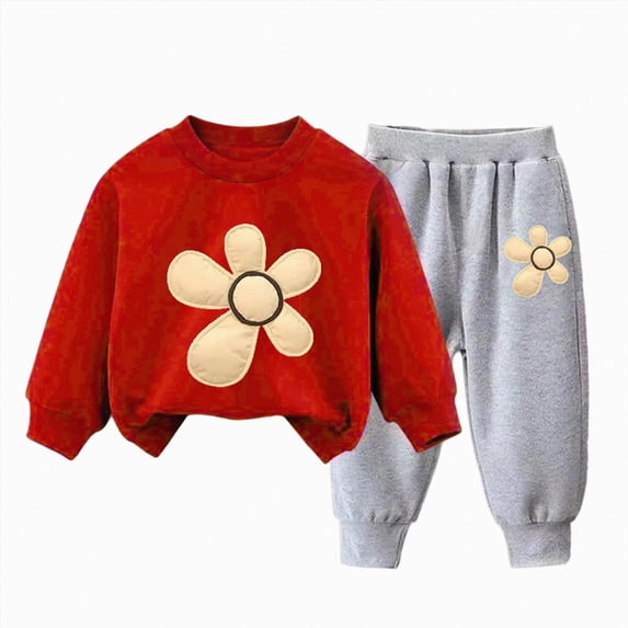 Qopobobo Girls 2 Piece Outfit Long Sleeve Sweatpants Set - 2 Piece Fleece Pullover Girls Sweatshirt & Sweatpants Set 5T 6T(Red, 5-6 Years)