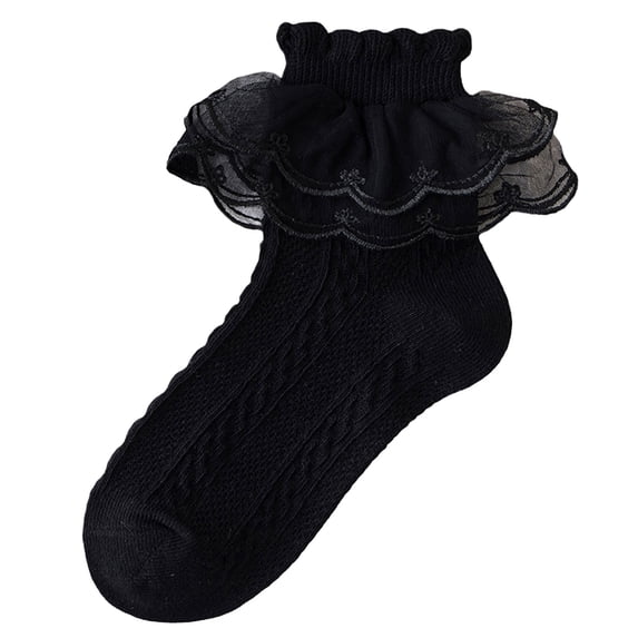 Qopobobo Girls Ankle Socks Socks Kids, Lace Ruffle Frilly Ankle Ruffle Socks Fit Toddler Carnival Outfit for Girl, Cute Cotton Lolita Sock Black,10-16 Years