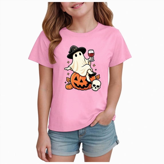 Qopobobo Girls Halloween Shirt Girls Halloween Short Sleeve T-Shirt for Kids Size 9-10 Years(Pink, 9-10 Years)
