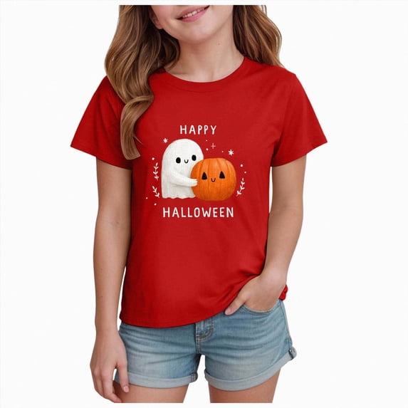 Qopobobo Girls Halloween Short Sleeve Tee Cotton Crew Neck Regular Fit Breathable Durable Multi-Color Casual Shirt Size 7-8 Years(Red, 7-8 Years)