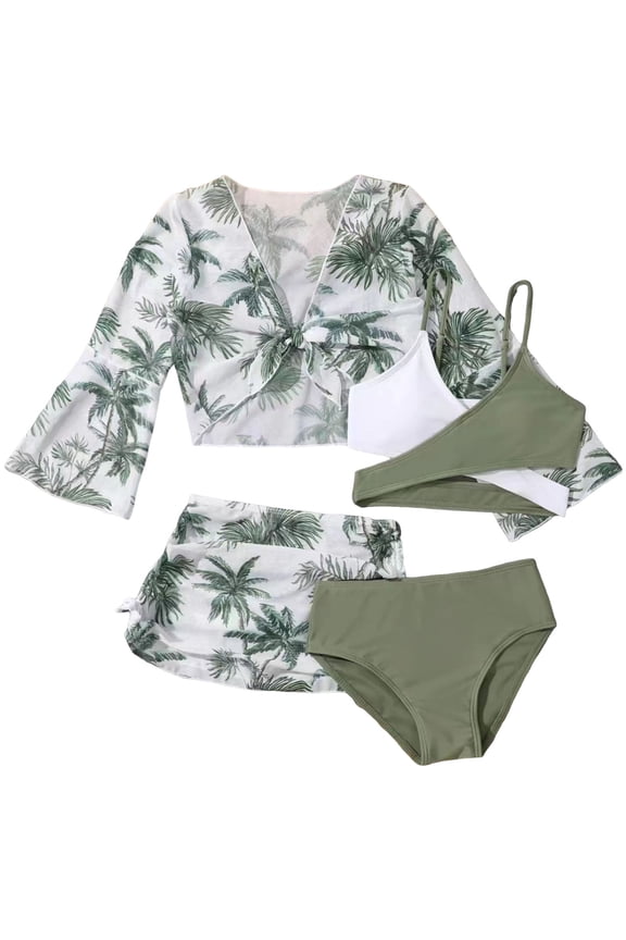 Girls Swimsuit 3 Piece Bikini Bathing Suit Girls Swimsuit 3 Piece Bathing Suits Set Bikini Tankini Cute Swimwear with Cover Ups Beach Skirt Size for 9-10 Years,Dark Green