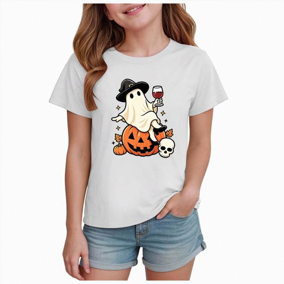 Qopobobo Halloween Baby Tee Shirt Halloween Shirts for Girl: Cute Ghost Shirt Halloween Shirt Kids Spooky Season Short Sleeve Tee Tops 2T 3T(White, 2-3 Years)