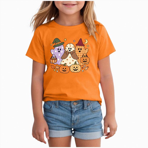 Qopobobo Halloween Kid Tshirt Toddler Halloween Shirts Tshirt for Girls Kids Funny Halloween Ghost Tee Tops Size 13-14 Years(Orange, 13-14 Years)
