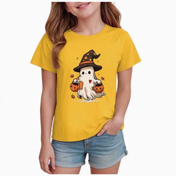 Qopobobo Halloween Shirt Kids Girl Halloween T-Shirt for Girls Retro Spooky Short Sleeve Tee Size 13-14 Years(Yellow, 13-14 Years)