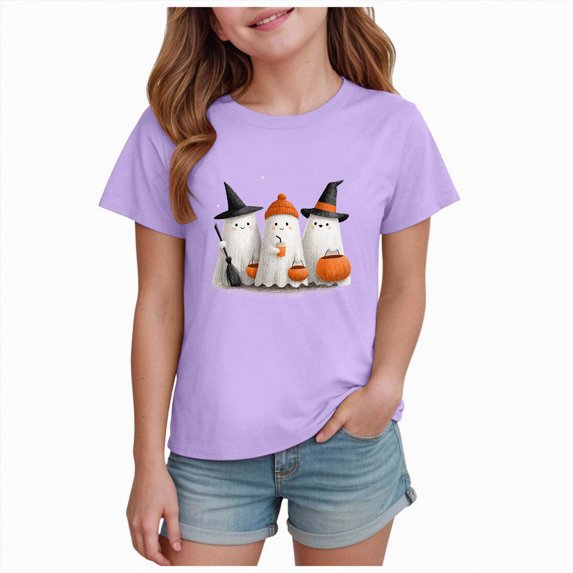 Qopobobo Halloween Shirts for Girls Girls Halloween Short Sleeve T-Shirt for Toddler and Kids 2T 3T(Purple, 2-3 Years)