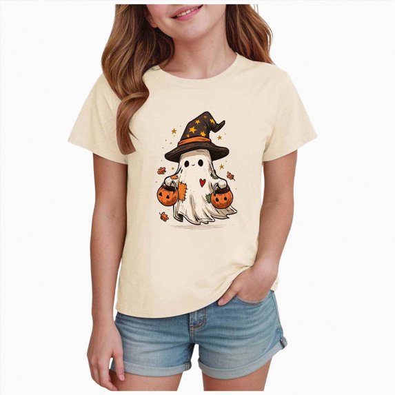 Qopobobo Halloween Shirts for Kids Girls Halloween Short Sleeve T-Shirt for Kids Size 7-8 Years(Beige, 7-8 Years)