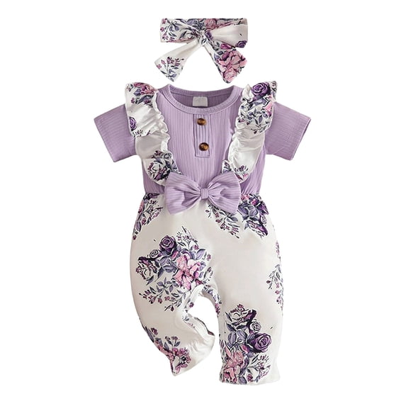 Qopobobo Infant Clothes Newborn Baby Girl Summer Clothes Daisy Flying Sleeve Jumpsuit Romper Ruffle Infant Outfit Purple,3-6 Months