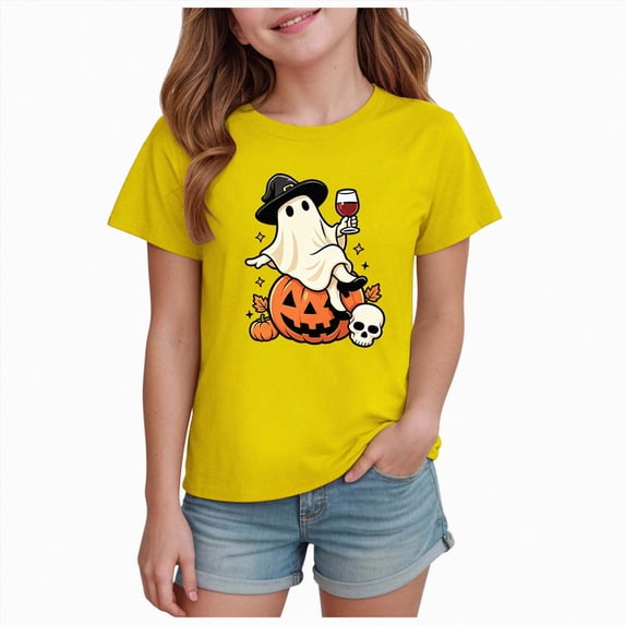 Qopobobo Kids Halloween Shirt Girl Halloween Shirt Pumpkin T-Shirt Top Fall Halloween Outfit Size 11-12 Years(Yellow, 11-12 Years)