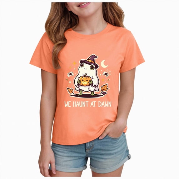 Qopobobo Kids Halloween T-Shirt Girl's Crew-Neck Graphic Tees Casual Cute Short Sleeve Summer Basic T-Shirt Tops Boys 3T 4T(Orange, 3-4 Years)