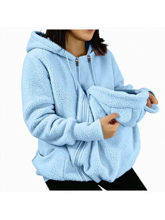 Pet Carrier Hoodie Women Sherpa Fleece Jacket with Front Pouch Pocket(Sky Blue, XL)