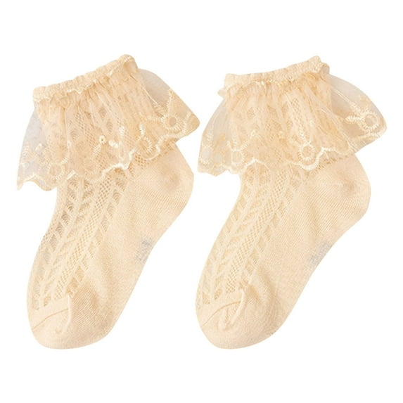Qopobobo Socks For Girls Girls Ruffle Socks Double Lace Frilly Dress Socks for Toddler Girls Beige,4-6 Years