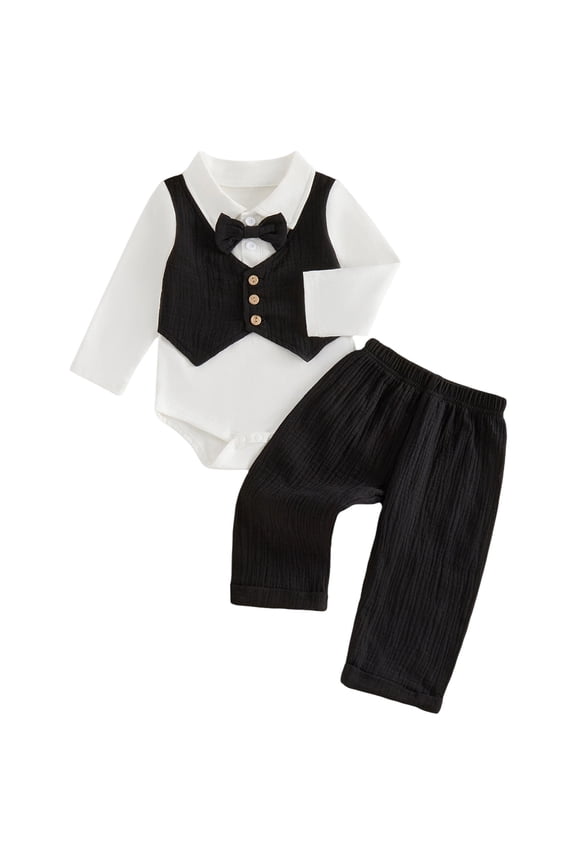 Suit For Boys Toddler Boy Dress Clothes Toddler Baby Boy Clothes Suit Gentleman Wedding Outfits, Formal Dress Shirt+Bowtie+Vest+Boutonniere+Suspender Pants Black,12-18 Months