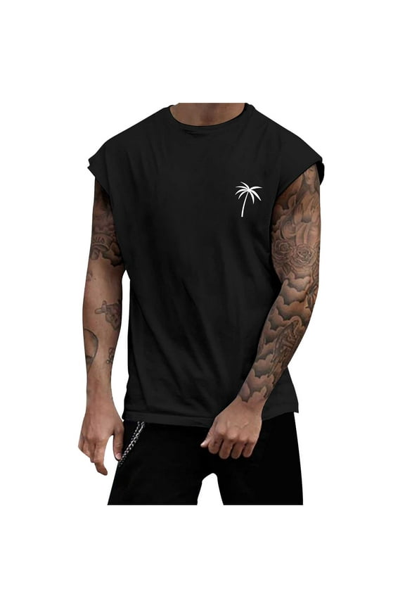 Tank Top Men Mens Summer Beach Tank Top Palm Tree Print Sleeveless Muscle Basic Tee Vacation Tops Black,XXXL