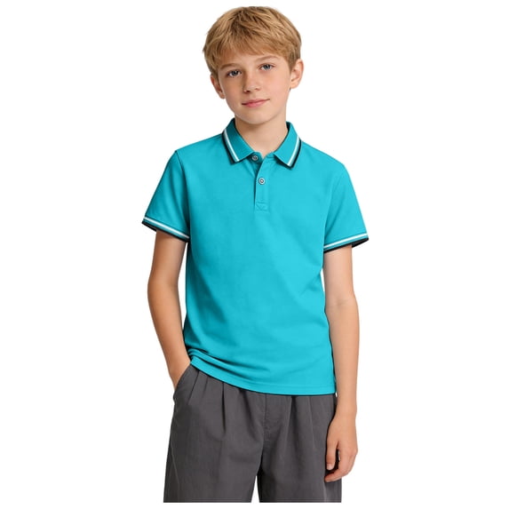 Qopobobo Toddler Boy Polo Shirt Boys Performance Polo Short Sleeve Golf Stripe Shirt for Active Casual Sky Blue,3-4 Years