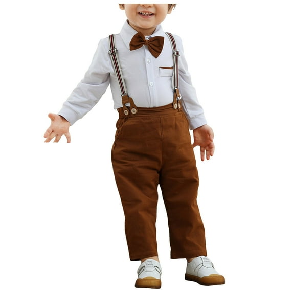 Qopobobo Toddler Boy Suit Baby Boy Clothes Suits 0-24M Gentleman Outfit Long Sleeve Dress Shirt+Suspender Pants+Bowtie+Beret Wedding Set Brown,3-6 Months