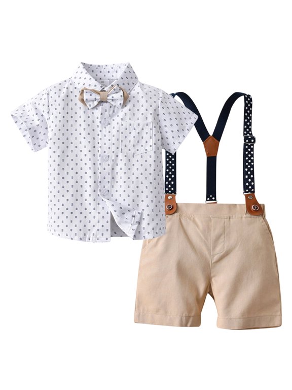 Toddler Boy Suit Baby Boy Outfits Boys Short Sleeve Solid Bowknot Lapel Shirts Suspenders Shorts Gentleman Suit Baby Clothes Khaki,12-18 Months