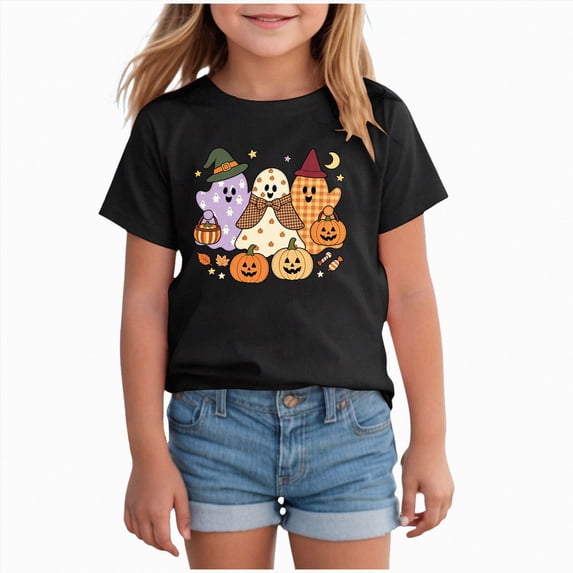 Qopobobo Toddler Girl Halloween T-Shirt Girls Halloween Short Sleeve T-Shirt for Kids Size 11-12 Years(Black, 11-12 Years)
