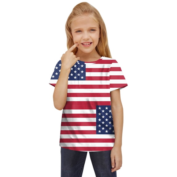 Qopobobo Toddler Girl Shirts Girls Tee Shirts Toddler Casual Patriotic Tshirts Boys Cotton Tee Shirts Girls 4th of July USA Flag Graphic Tees Kids Clothes Blue Red,6-7 Years