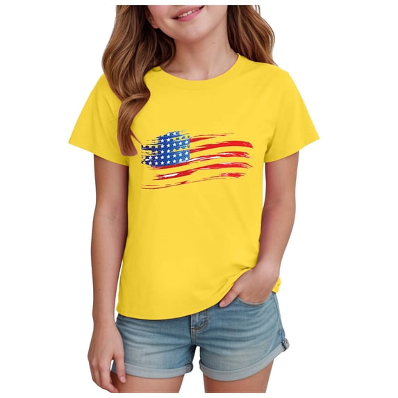 Qopobobo Toddler Girl Shirts Toddler Girl Tshirts Unisex Kids American Flag Short Sleeve T-Shirts Boys Girls 4th of July Patriotic Crew Neck Pullover Tops Yellow,9-10 Years