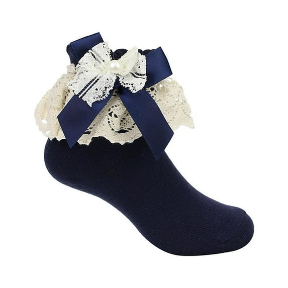 Qopobobo Toddler Girl Socks Girls Big Ruffle Socks Soft Cute Classic Toddler Double Lace Frilly Cotton Dress Sock for Kids Navy,3-4 Years