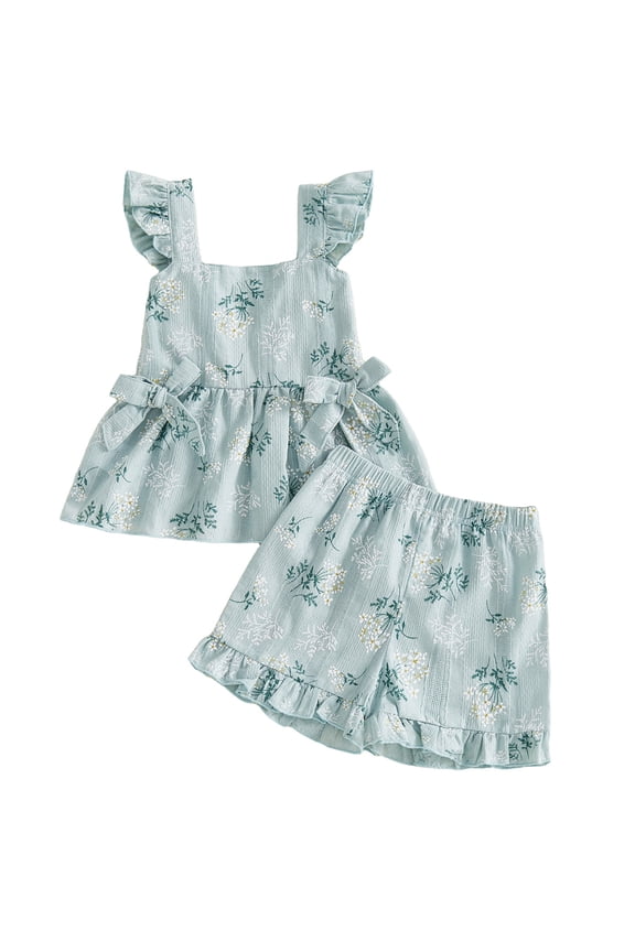 Toddler Outfits For Girls Photo Shoot Toddler Girl Clothes Baby Summer Waffle Knit Outfits Short Sleeve Floral Short Sets 2 Pieces Clothing Green,3-4 Years