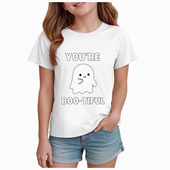 Qopobobo Toddler Shirts Halloween Shirts for Girl: Cute Ghost Shirt Halloween Shirt Kids Spooky Season Short Sleeve Tee Tops 2T 3T(White, 2-3 Years)