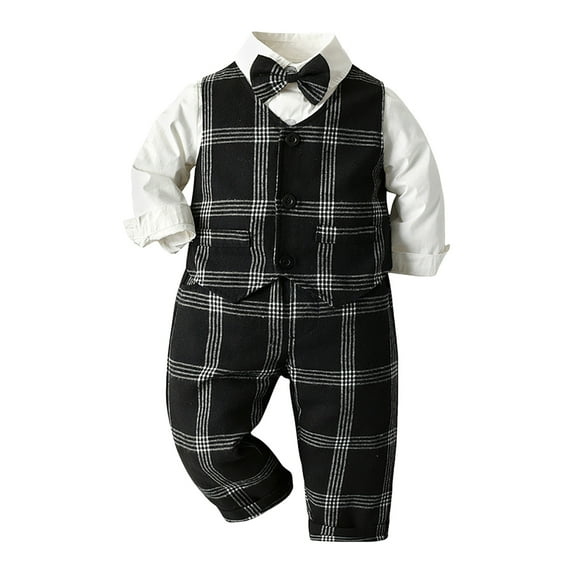 Qopobobo Toddler Suit Baby Boy Clothes Suits Toddler Dress Shirt With Bowtie Suspender Pants Outfit Sets Gentleman Wedding Black,120